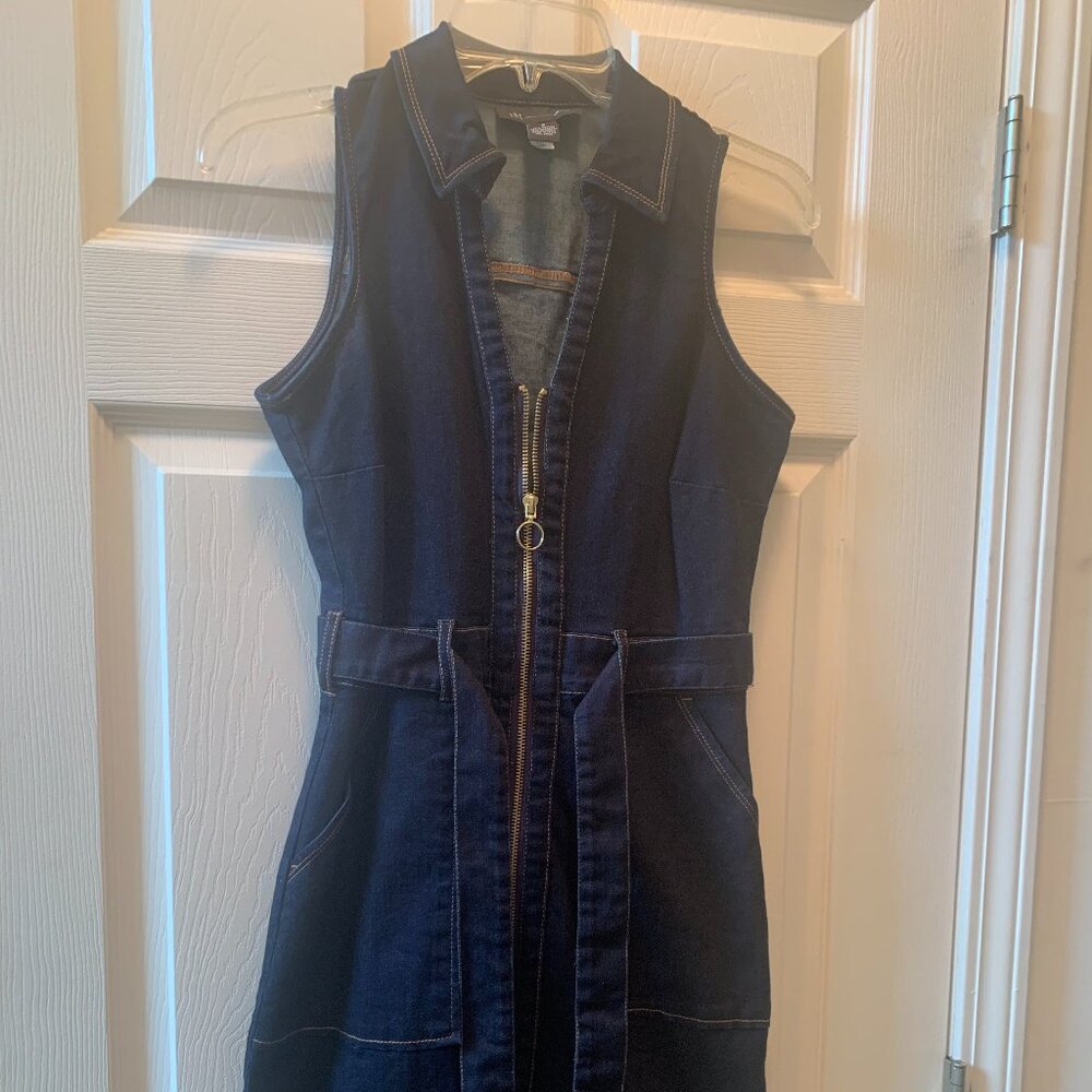 Dark stretch denim fitted INC dress. Falls below the knee.